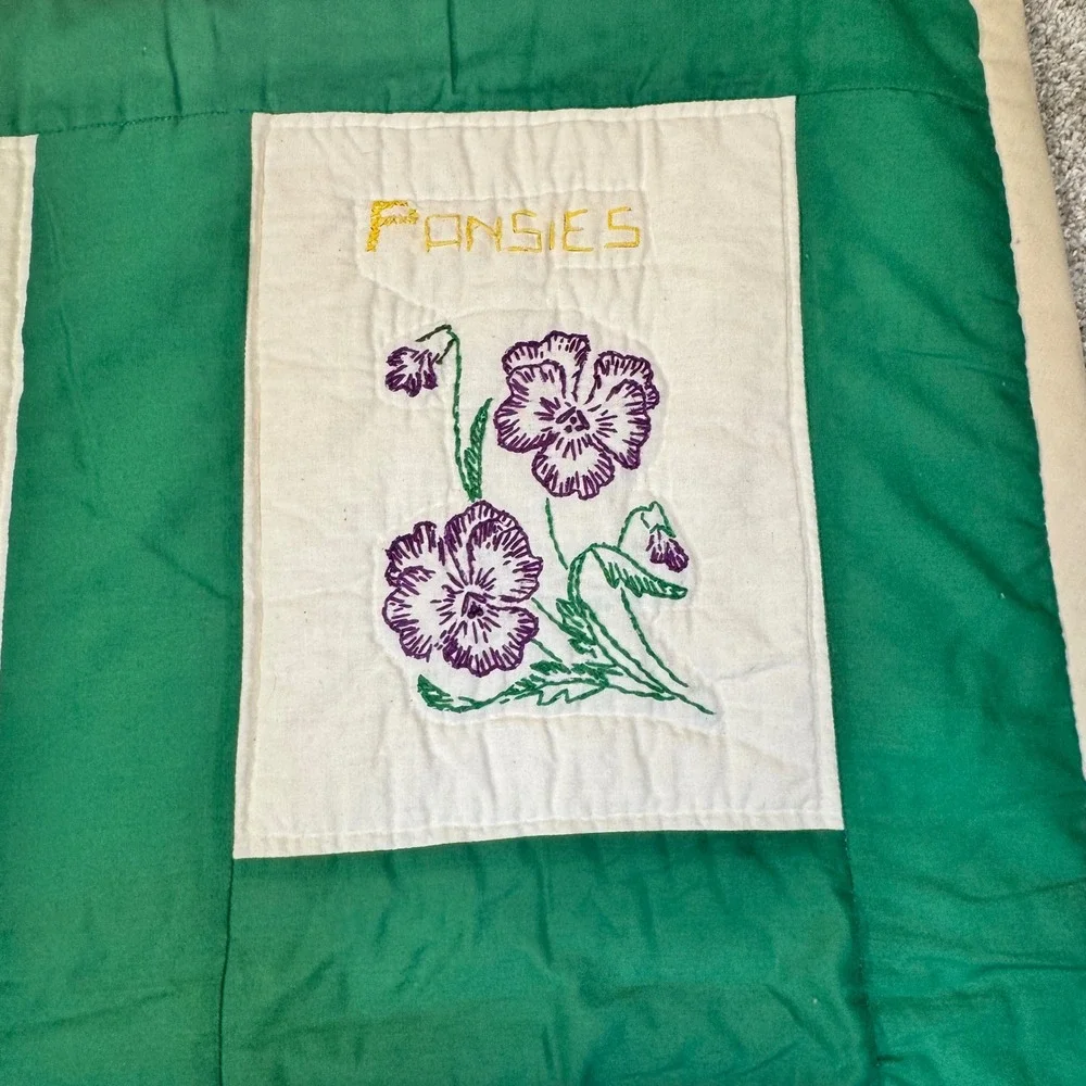 Vintage Handmade Embroidered Floral Quilt Wall Hanging Green Botanical Garden